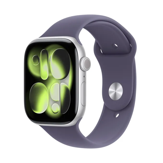 Apple Watch Series 11 GPS + Cellular, Cassa 46 mm in alluminio color argento con Cinturino Sport viola nebbia - M/L
