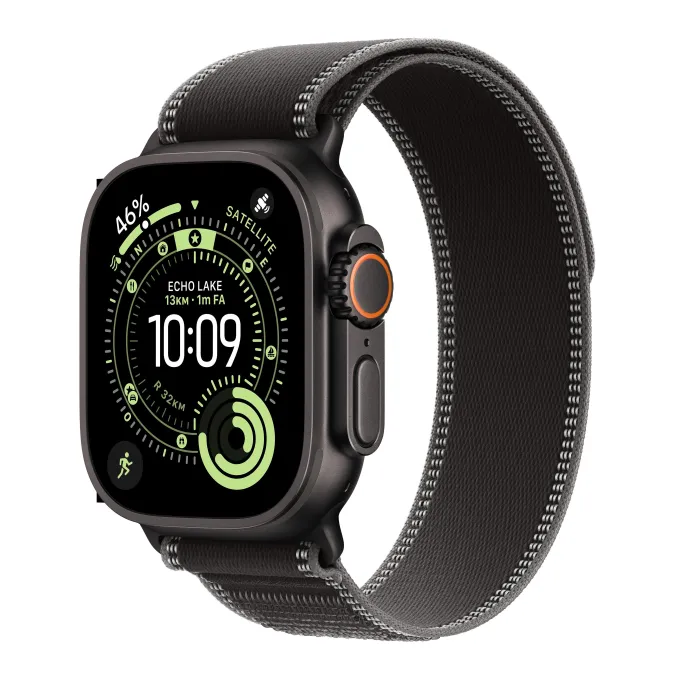 Apple Watch Ultra 3 GPS + Cellular, Cassa 49 mm in titanio nero con Trail Loop nero/cenere - S/M