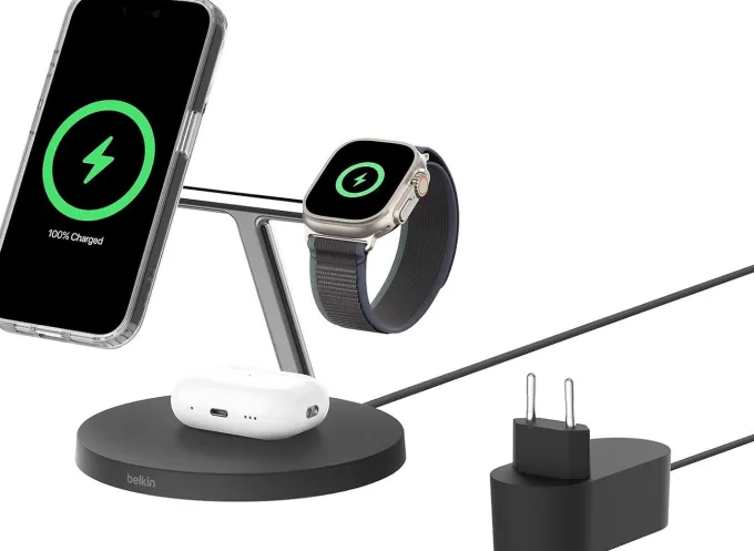Belkin BoostCharge Pro 3 in 1 Qi2 15W Nero – Ricarica wireless rapida per iPhone, Apple Watch e AirPods