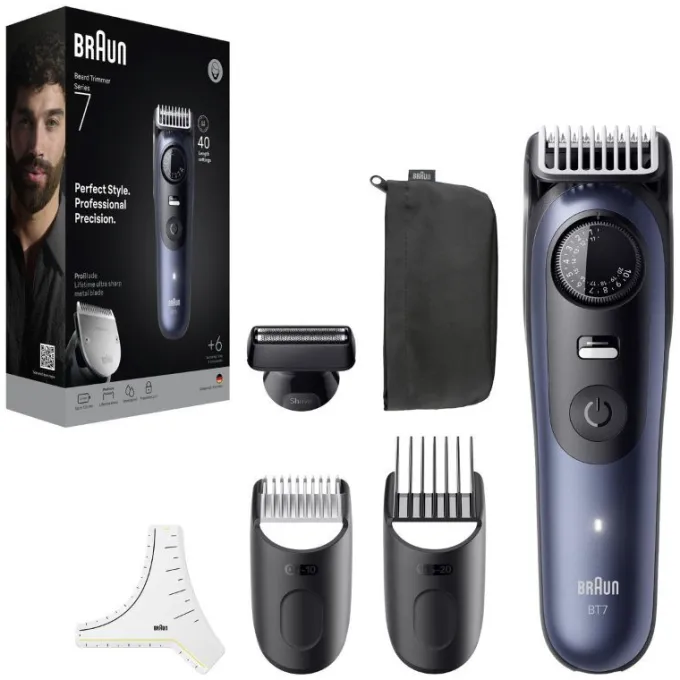 Braun BeardTrimmer 7 BT7520 lama Ultra Sharp ProBlade, lunghezza taglio 2cm - Nero e Blu
