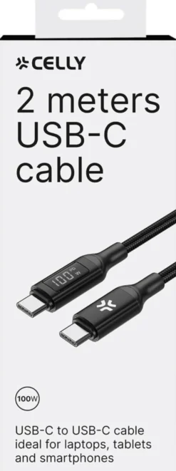 Celly Cavo TYPE-C/TYPE-C per smartphone, tablet e portatili, 100W, 2 metri, Nero