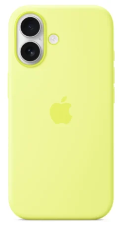 Custodia MagSafe in silicone Apple per iPhone 17 gialla, con tracolla e ricarica wireless