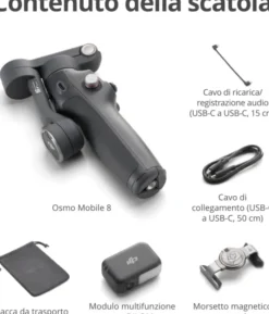 DJI Osmo Mobile 8 stabilizzatore per smartphone, tracciamento nativo con audio e illuminazione, rotazione panoramica a 360°, batteria da 10 h, manico telescopico, solida stabilizzazione a 3 assi