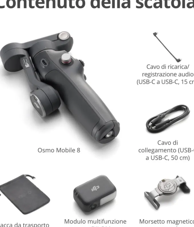 DJI Osmo Mobile 8 stabilizzatore per smartphone, tracciamento nativo con audio e illuminazione, rotazione panoramica a 360°, batteria da 10 h, manico telescopico, solida stabilizzazione a 3 assi