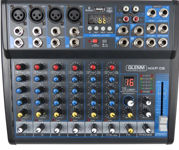 GLEMM - MXP 08 AUDIO, Mixer microfonico 8 canali - Nero