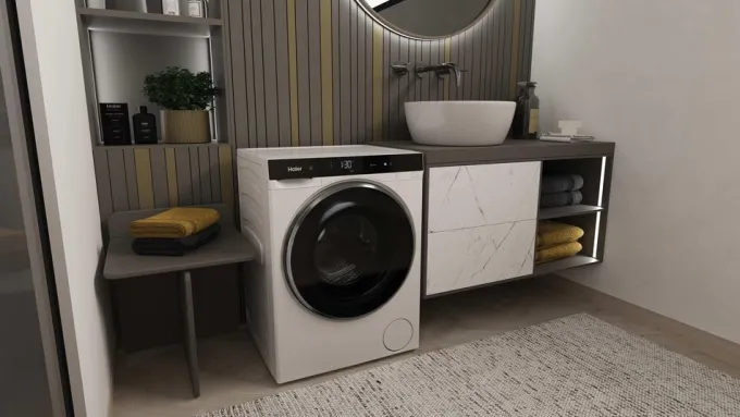 Haier Minidrum, Lavasciuga Compatta 5+2,5 KG, Classe A, 1200 giri, Bianco, AI PowerDrive, Refresh, Wi-Fi, HWD50-BP12307U-S