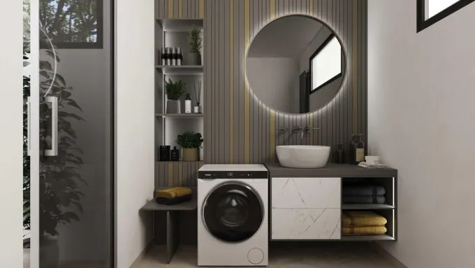 Haier Minidrum, Lavasciuga Compatta 5+2,5 KG, Classe A, 1200 giri, Bianco, AI PowerDrive, Refresh, Wi-Fi, HWD50-BP12307U-S