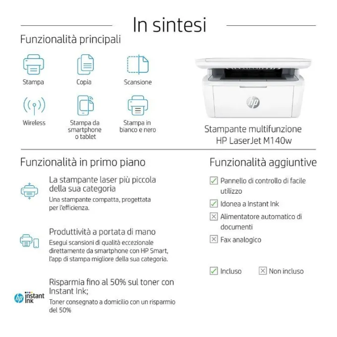 HP - LaserJet Stampante multifunzione M140w - Bianco e nero