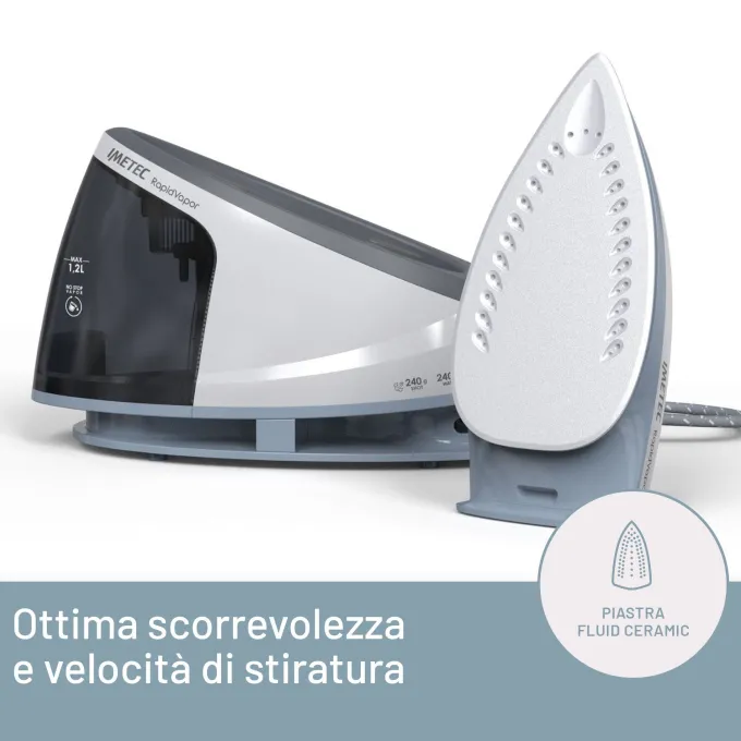 Imetec Rapidvapor Ferro da Stiro Generatore di Vapore, Piastra Fluid Ceramic a Rapido Riscaldamento, Leggero, Sistema di Pulizia Calc Clean