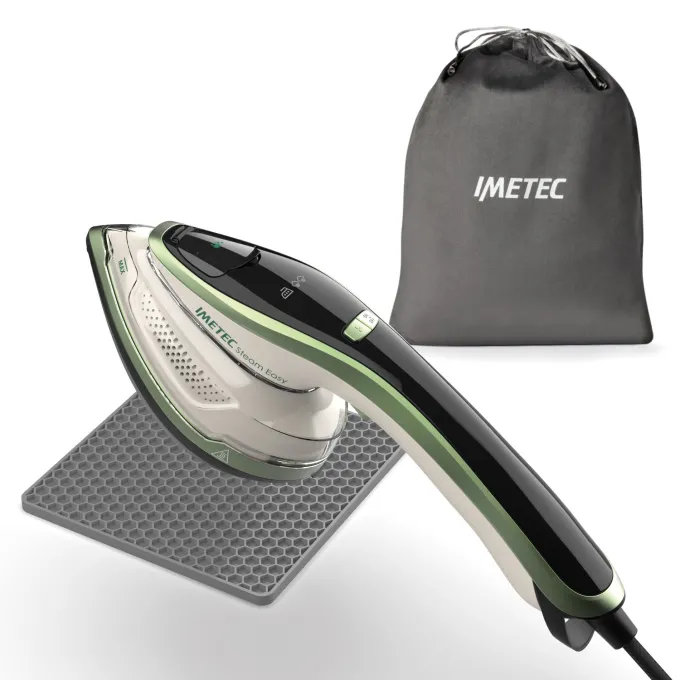 Imetec Steam Easy, ferro da stiro portatile verticale, stira in verticale e orizzontale, piastra ceramica, tripla regolazione di vapore e temperatura, display digitale, pronto in 30, 1200 Watt