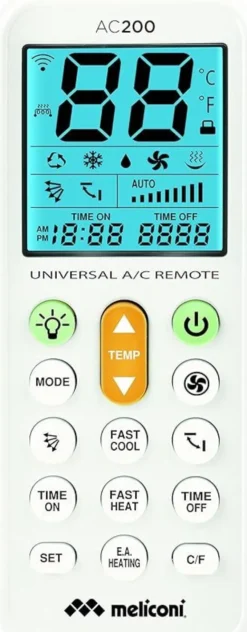 Meliconi AC 200 Telecomando Universale per Condizionatori/Climatizzatori, con Schermo Retroilluminato e Funzione Torcia, Bianco