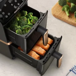 Philips Serie 4000 Airfryer doppio cestello Verticale, Friggitrice ad aria da 10L, 13 metodi di cottura, Rivestimento ceramica PFAS Free, Pulizia in lavastoviglie, App ricette, NA462/70