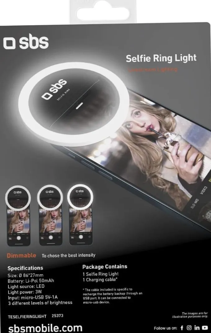 SBS - Anello Led Universale per Smartphone, Luce Flash con Regolazione d'Intensità, per TikTok, YouTube, Instagram, Selfie, Video e Dirette Streaming, Cavo di Ricarica USB Incluso