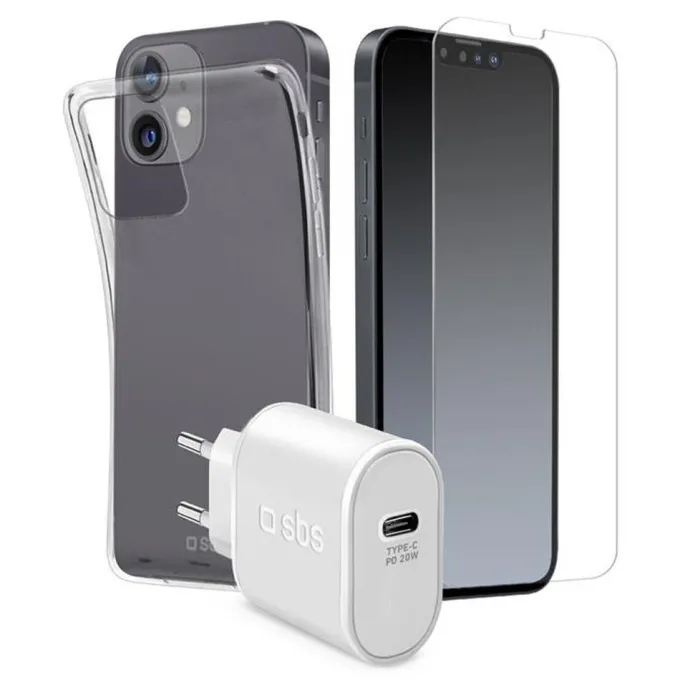 SBS Set custodia/vetroproteggischermo Sbs 3in1 con alimentatore da rete TETR1CPD20 per iPhone 13 Trasparente