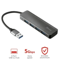 Trust Halyx Aluminium 4-Port USB 3.2 Hub USB-A 3.1 Gen 1 4x USB-A 3.2 Gen 1 Grigio