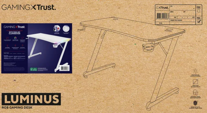 TRUST - Scrivania gaming illuminata a LED GXT709W, Luminus RGB, 120x60x76 cm, legno certificato FSC®