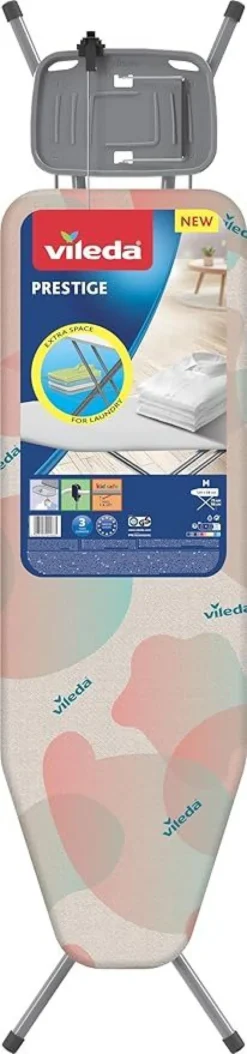Vileda Prestige | Asse da stiro con poggiaferro con archetto reversibile | Copriasse da stiro in cotone| Griglia portabiancheria