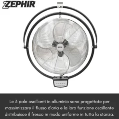 ZEPHIR - ZVI50CM Ventilatore da muro 50 cm con telecomando, 115 watt, 3 velocità, 3 pale oscillanti in alluminio, cavo 2 metri