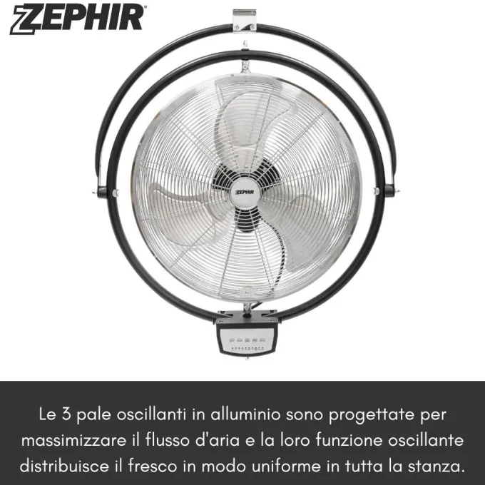 ZEPHIR - ZVI50CM Ventilatore da muro 50 cm con telecomando, 115 watt, 3 velocità, 3 pale oscillanti in alluminio, cavo 2 metri